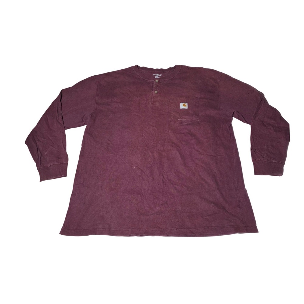 Carhartt Mens Long Sleeve Henley Shirt 2XL Burgundy Distressed Workwear Pocket